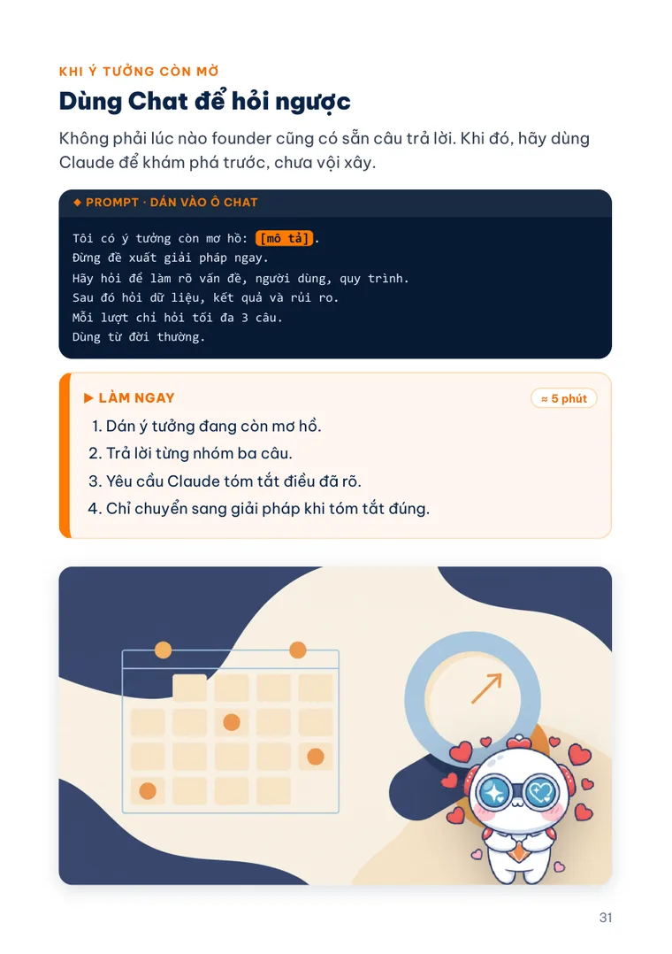 Trang sách 'Dùng Chat để hỏi ngược' — có hộp Prompt dán vào ô chat và hộp Làm ngay ước lượng 5 phút